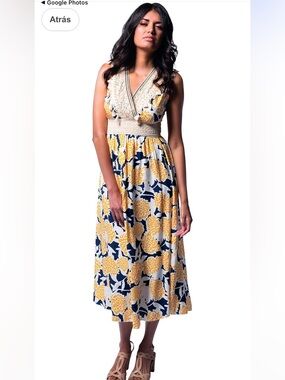 M Made in Italy Sleeveless Yellow Floral Midi Dress Medium NWT